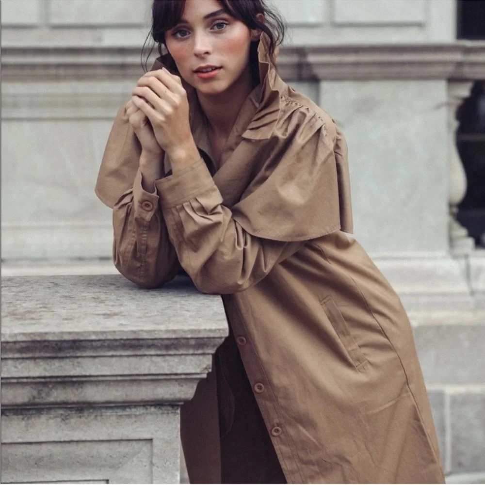 Women’s Camel Trench Coat with Ruffle Cape Detail - Picture 4 of 16